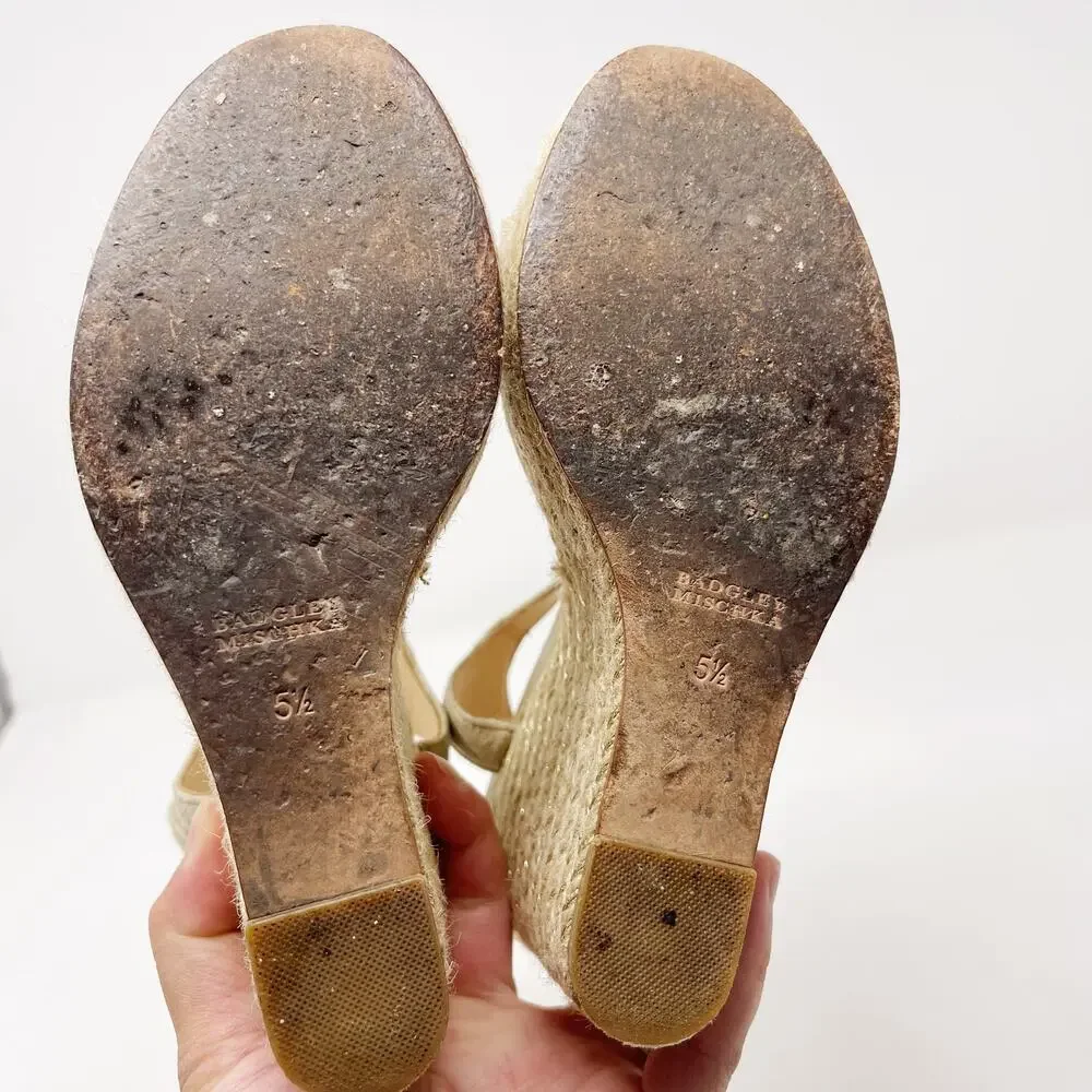 Badgley Mischka 5.5 Gold Leather Espadrille Wedge Sandals Ankle Wrap 4.5